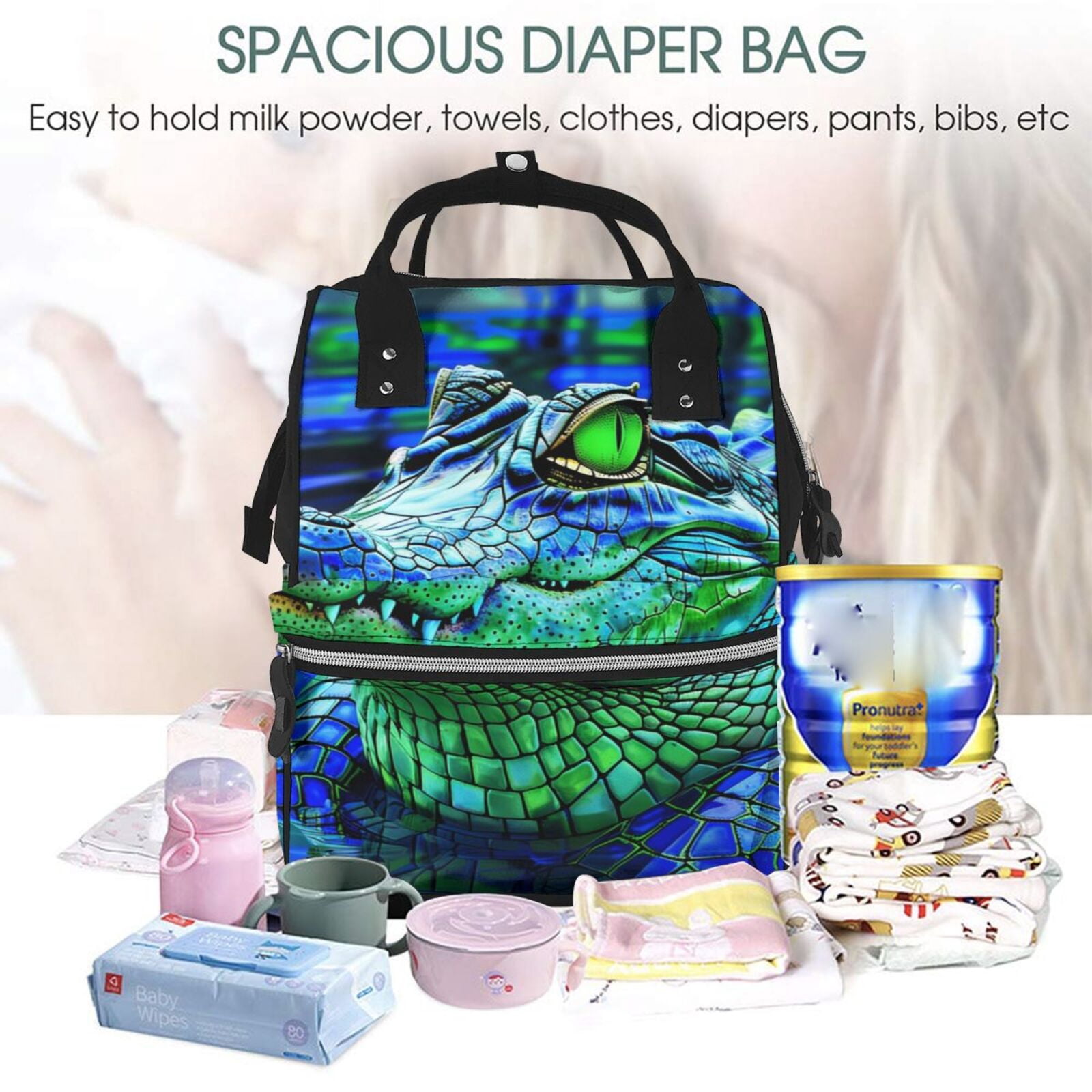 Ratiio Colorful Stained Glass Crocodile Mummy Backpack - Waterproof Twill Canvas, Large Capacity Diaper Bag with Multiple Pockets and Adjustable Straps