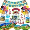 133Pcs Sonic The Hedgehog Party Supplies, Sonic The Hedgehog Flatware, Balloon, Banner, Fork, Plates, Napkins ,Spoons, Table Covers, Cake Toppers, Tablecloth Party Decoration Kids Boys and Baby Shower
