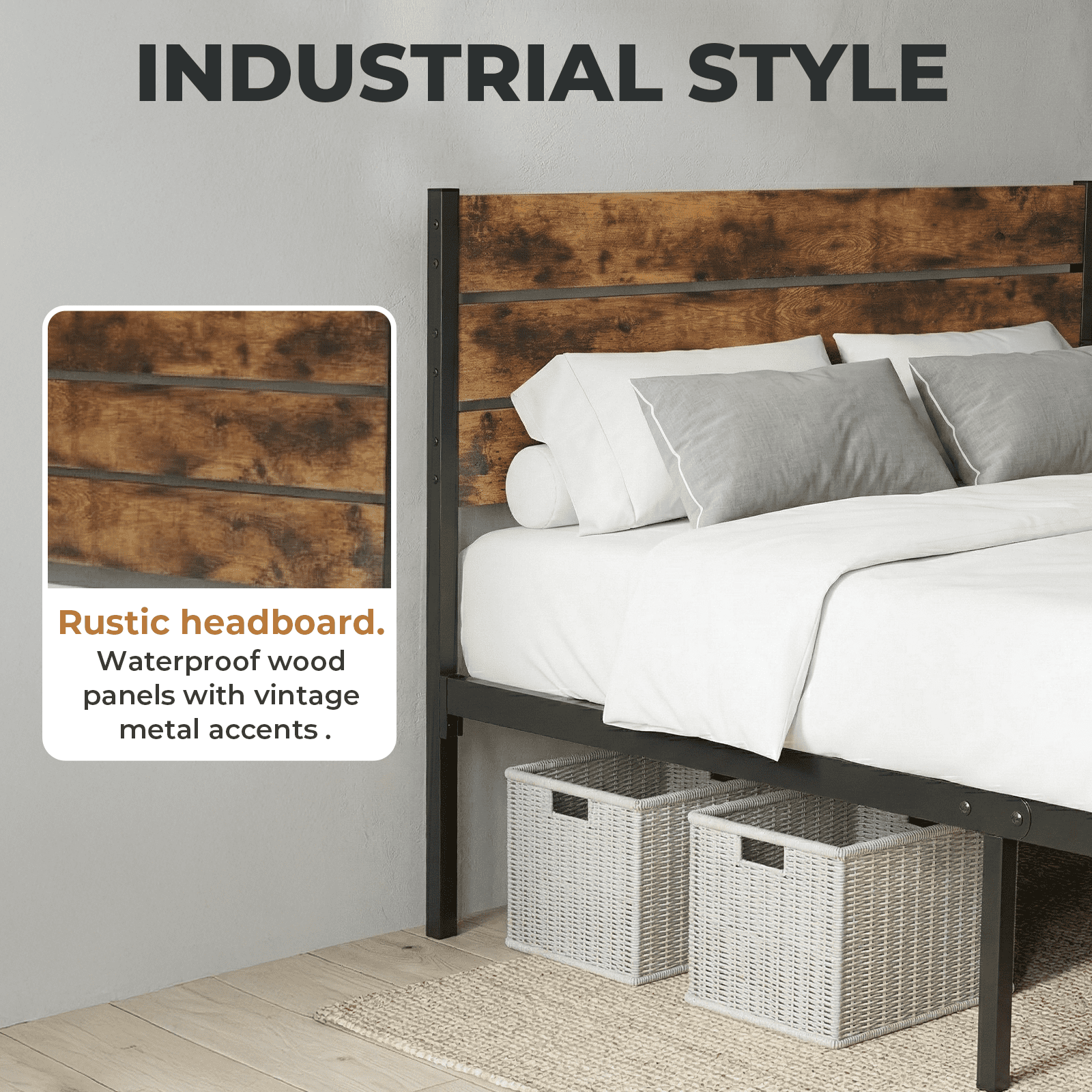Alvantor Metal Platform Bed Frame with Headboard & Footboard - No Box Spring Needed, 800LBS Sturdy Wooden Slats Support, Industrial Style