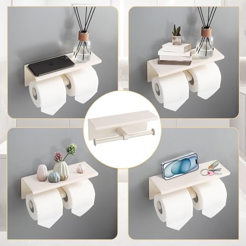 Double Toilet Paper Holder with Shelf White Stainless Steel 304 Wall Mount Double Toilet Roll Holder for Bathroom