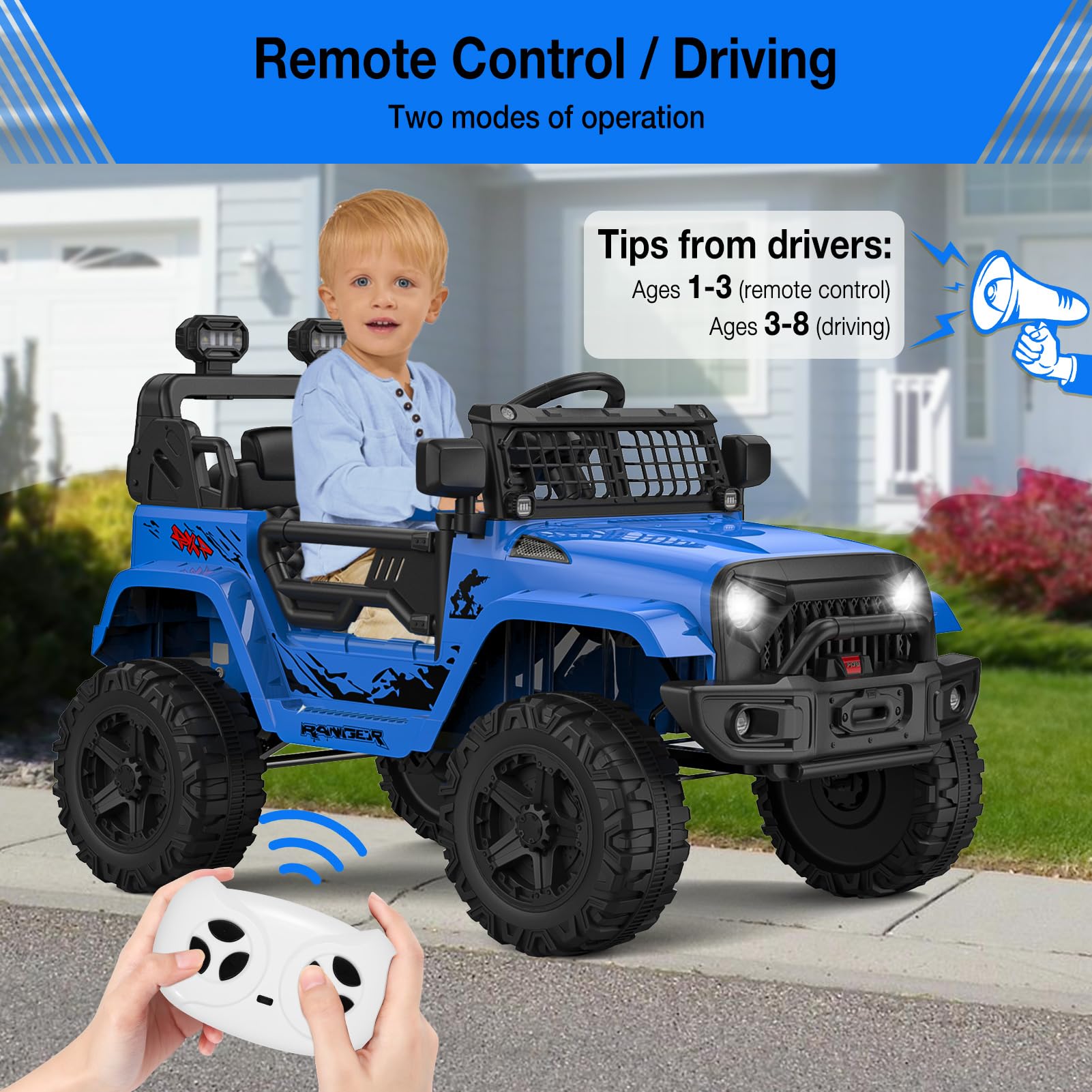 Ride on Truck Car 12V Kids Electric Mini Jeep with Remote Control Spring Suspension, LED Lights, Bluetooth, 2 Speeds (Blue) - image 4 of 8