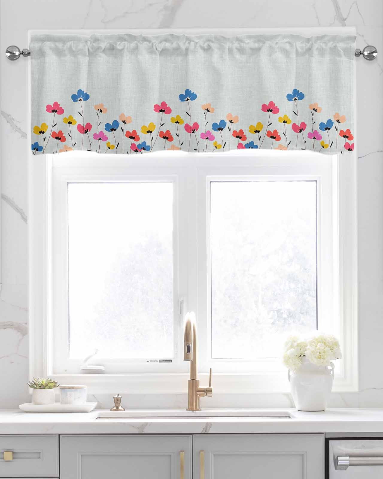 Spring Summer Floral Linen Curtain Valance for Bedroom/Bathroom/Kitchen/Office/Living/Dining Room Window,Farmhouse Flower Herb Rod Pocket Topper Decorative Cafe Drapes Panel 54"x18"