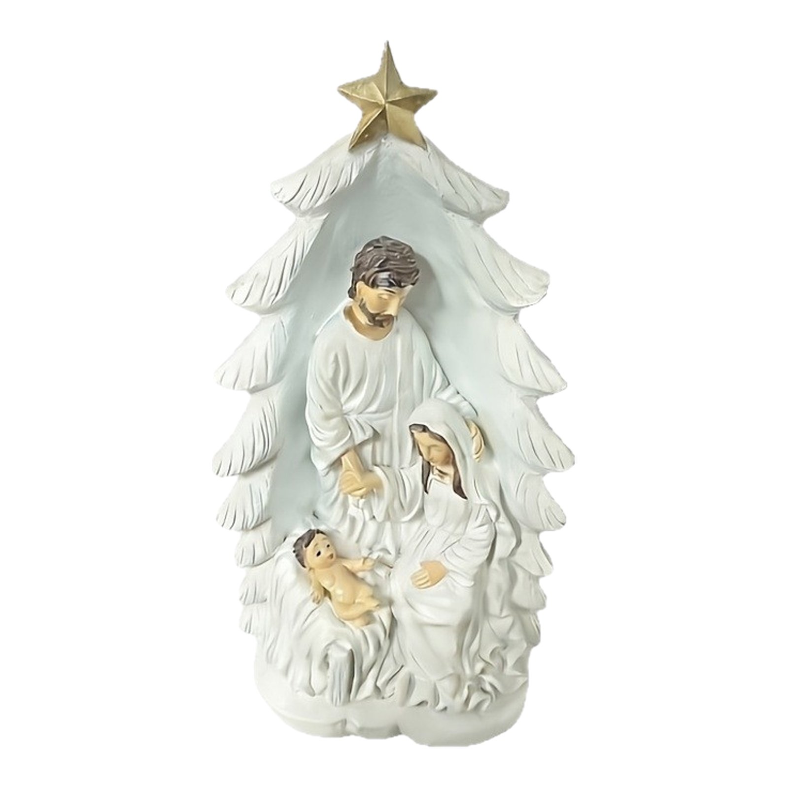 OIUR Holy Family Nativity Statue Christmas Tree Resin Ornament Hand-Painted Religious Tabletop Decor for Home Altar & Fireplace Display