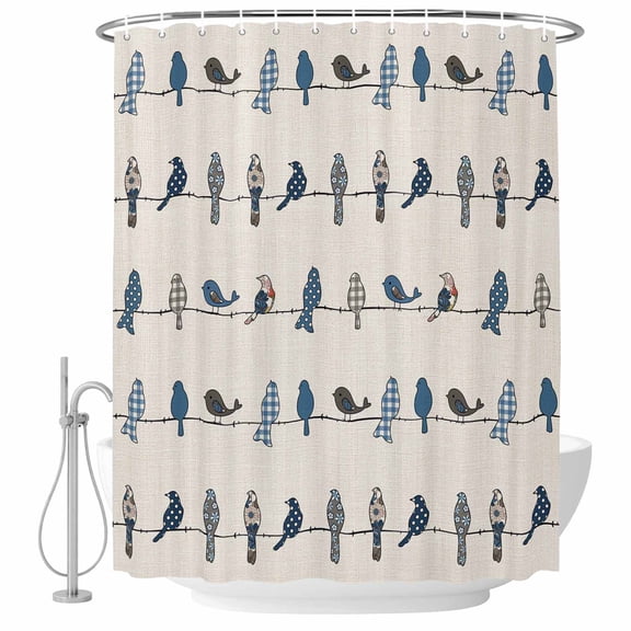 Rowley Birds Floral Pattern Fabric Shower Curtain Buffalo Plaid Blue White Washable Shower Curtains for Bathroom, Waterproof Bath Curtain with Hooks Home Decor 36x72in