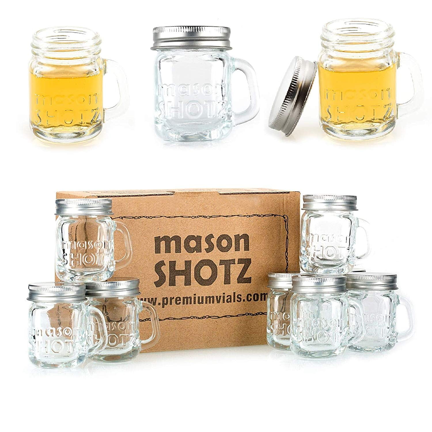 Premium Vials Mini Mason Jar Shot Glasses with Handles (Set of 8