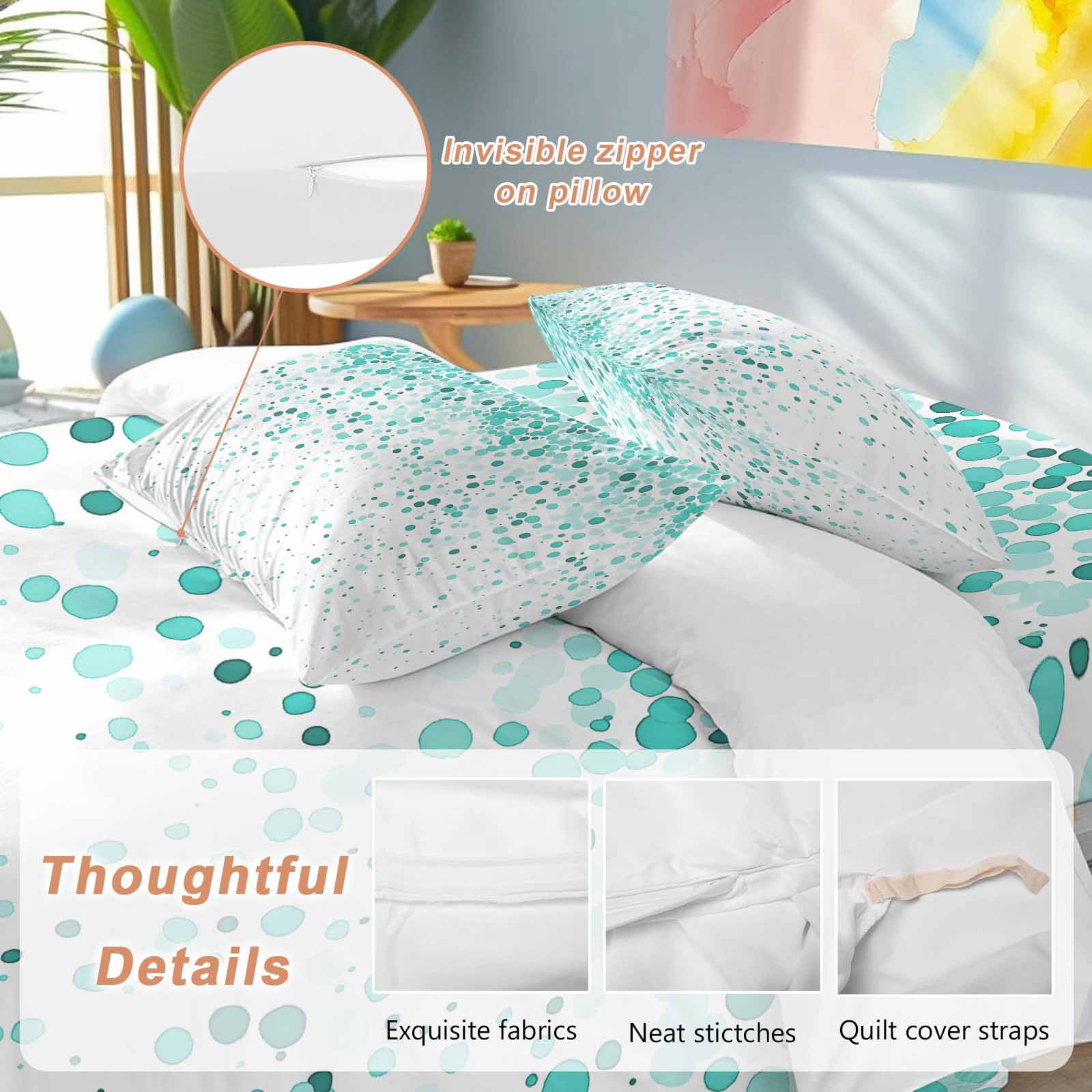 Teal Polka Dot Bedding Duvet Cover Set Queen Size 4 Pieces Watercolor Teal Gradient Abstract Modern Bedding Set with Zipper Closure, 1 Comforter Cover 90x92 Inches 1 Flat Sheet & 2 Pillow Cases