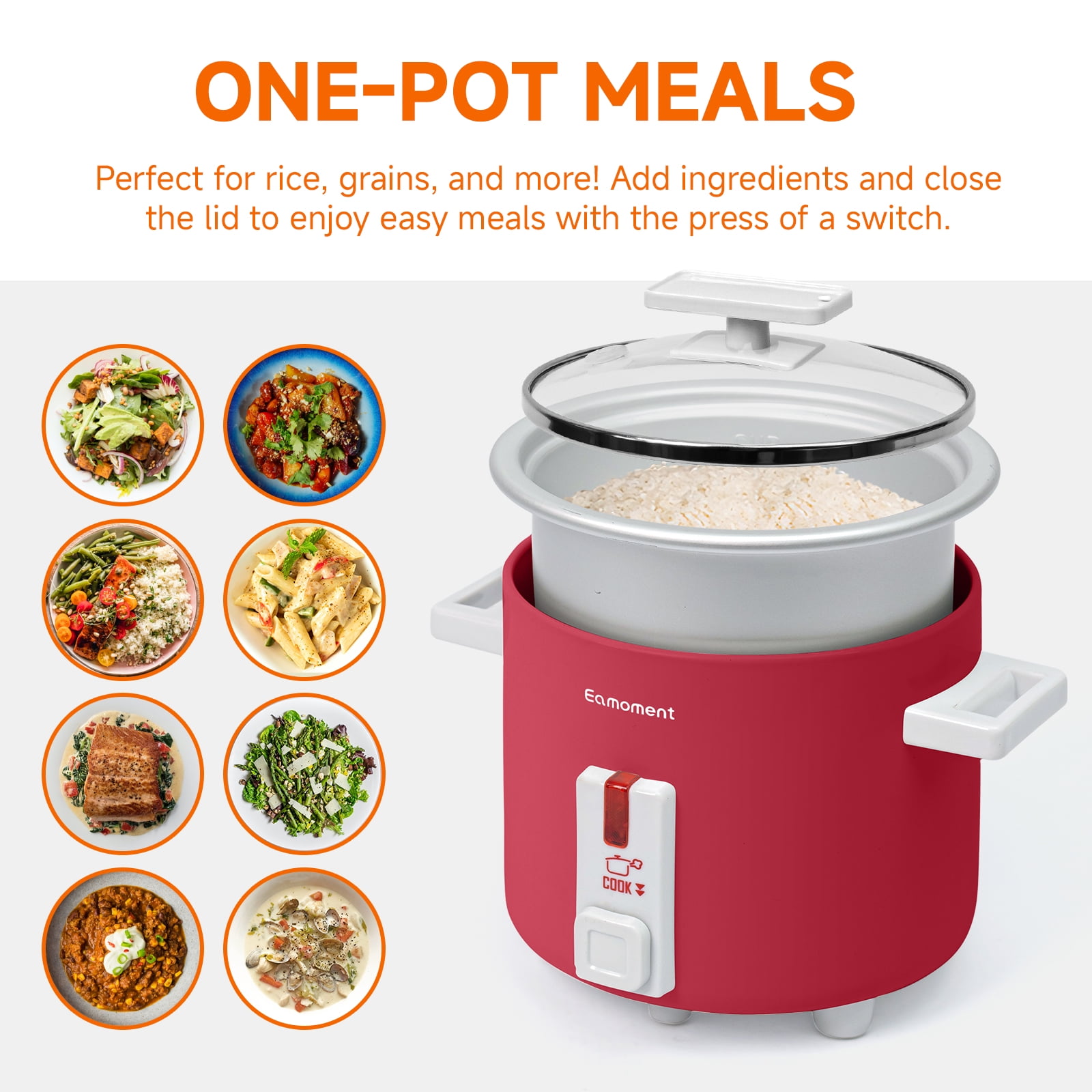 Small Rice Cooker, 1.5 Quart Mini Non-Stick Coated Insert Food Steamer and Dishwasher-Safe Glass Lid and Pot, Red