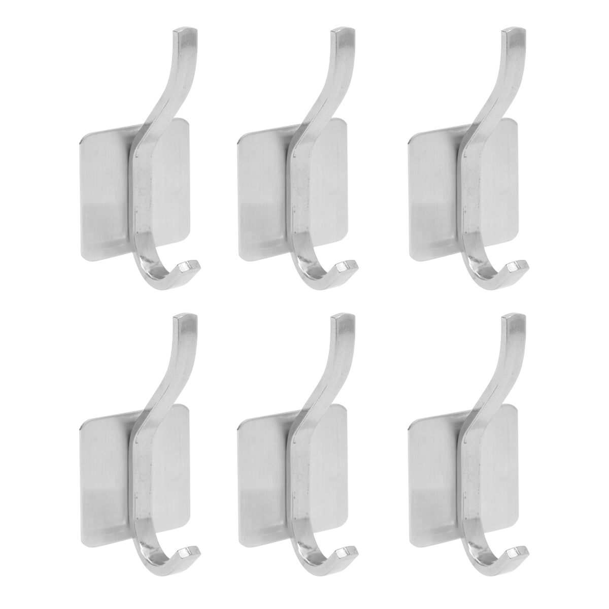6 Pack Stainless Steel Adhesive Wall Hooks for Hanging Towel Coat Hat, Double Post Stick on Hanger Sticky Holders for Kitchen & Bathroom, 3.6'