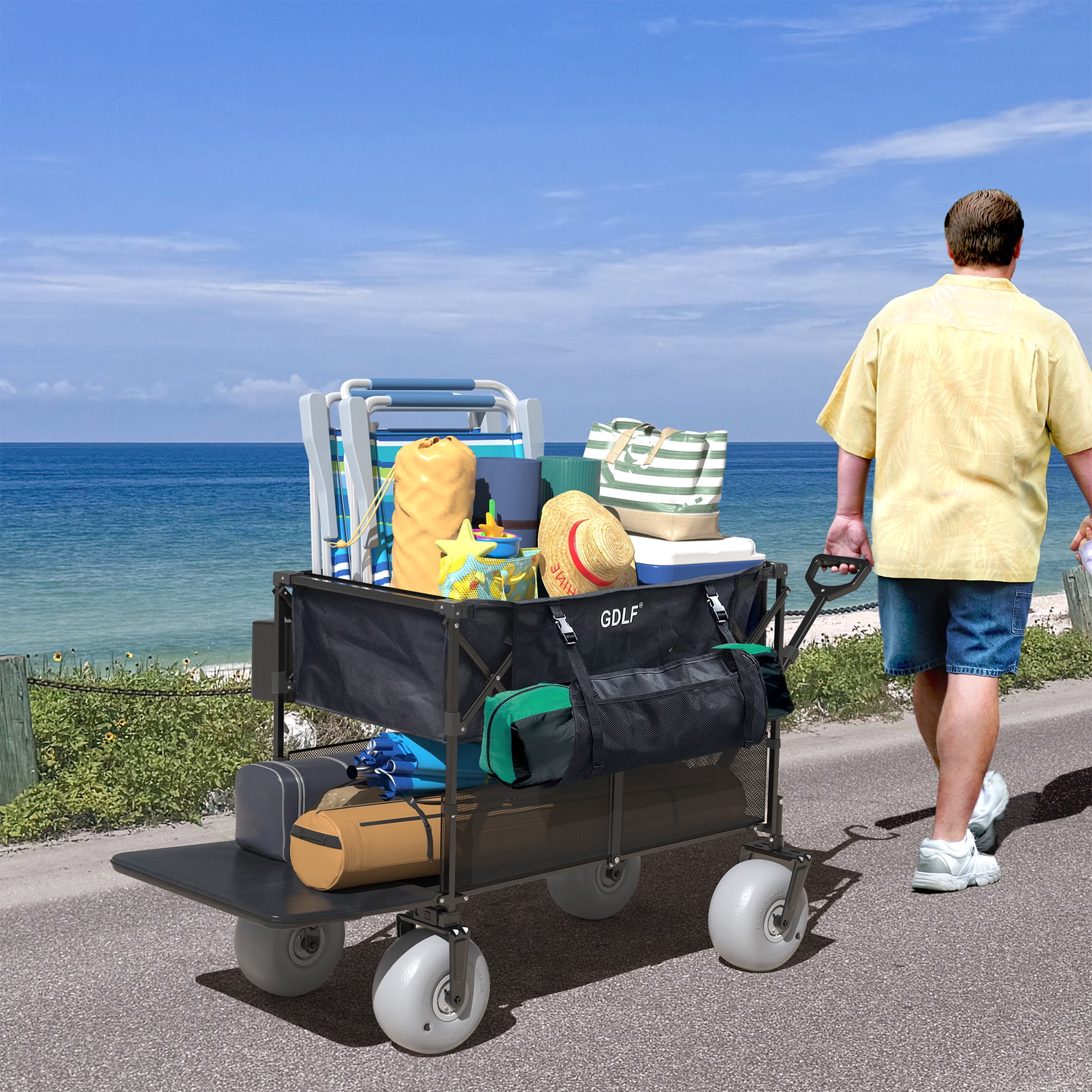 GDLF Beach Wagon, Double Decker Utility Cart with 500lb Capacity & 9" All-Terrain Balloon Tires, Collapsible Heavy Duty Buggy for Camping, Sports, Groceries