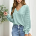 thumbnail image 3 of Top de manga larga con cuello en V y ribete de encaje para mujer - Blusa con detalle de ojales, poliéster/spandex, informal/playa - Tallas S-XXL, 3 of 6
