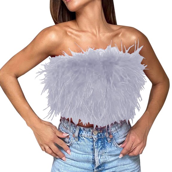 HomeGardon Women Shirts Women's Sexy Strapless Feather Tulle Crop Top Elegant Mesh Pleated Tube Tops Off Shoulder Bustier for Party Clubwear Y2K Navy,S-XXL