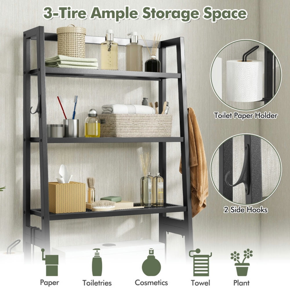 Finihen Toilet Storage Rack, Toilet Storage Shelf, 3-Tier Over The Toilet Storage Shelf with Adjustable Bottom Bar, for Bathroom, Black