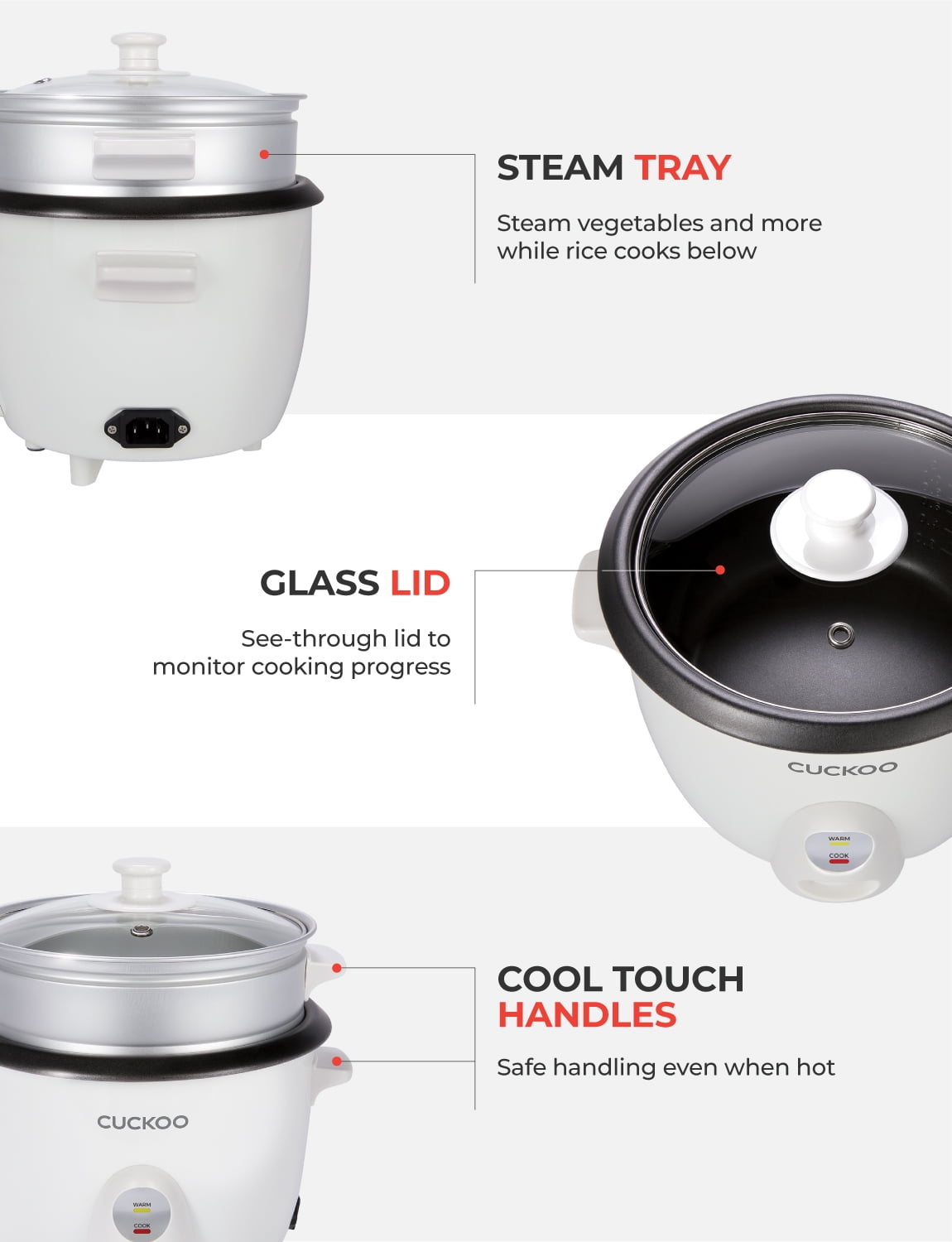 CUCKOO One Touch Rice Cooker 6-Cup (Uncooked) / 12-Cup (Cooked), Small Rice Cooker & Warmer with Steamer Tray, Versatile Grain Cooker, Soup Maker, Auto Keep Warm, White (CR-0601C)
