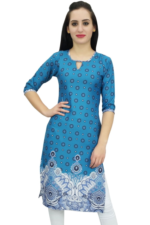 Women's Printed Tunic Blue Georgette Kurti Kurta Indian Long Blouse-14