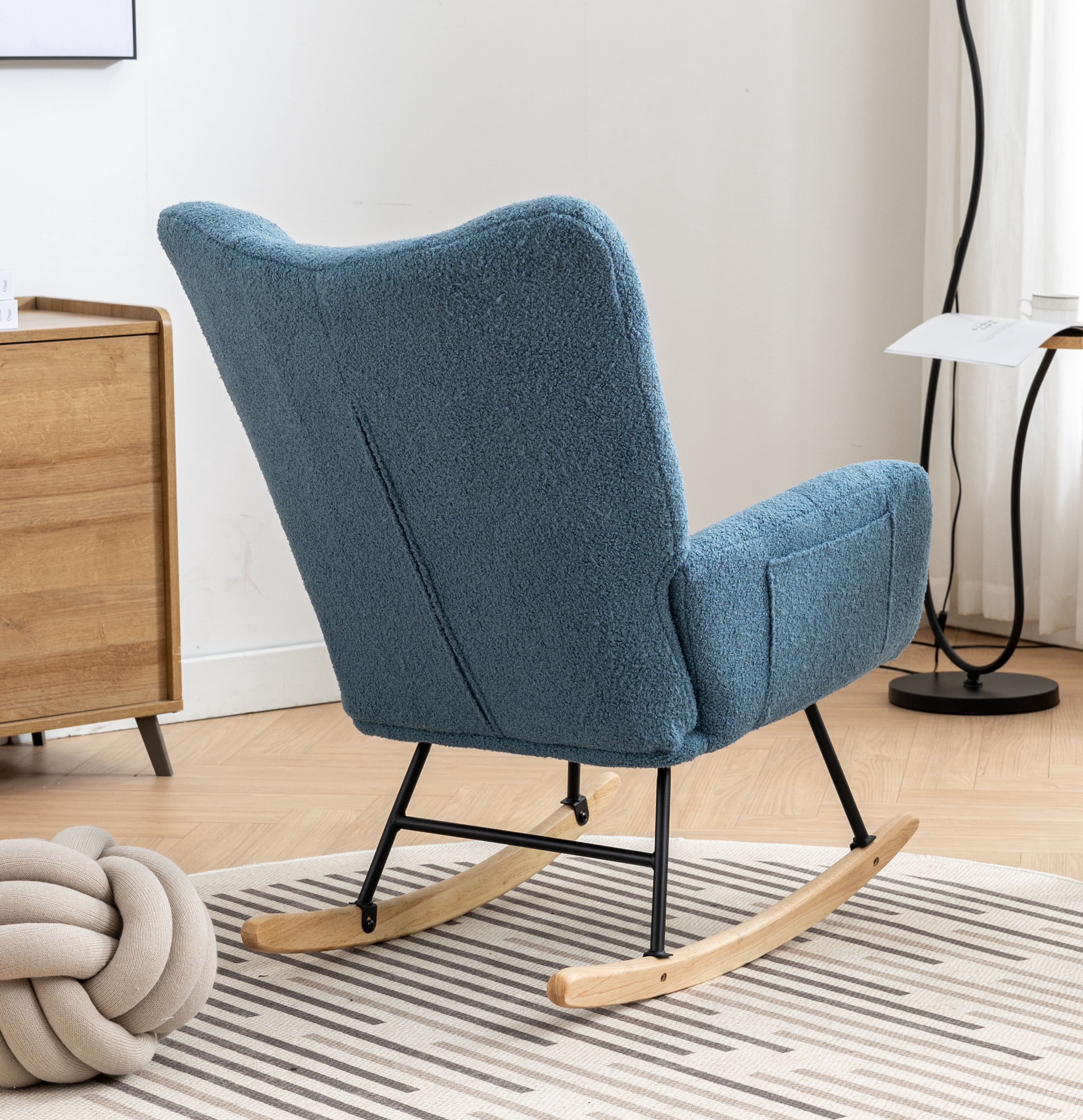 Rocking Chair Nursery,Modern Accent Rocking Chair with High Backrest,Teddy Fabric Upholstered Nursery Glider Rocker for Nursery,Living Room, Bedroom,Blue