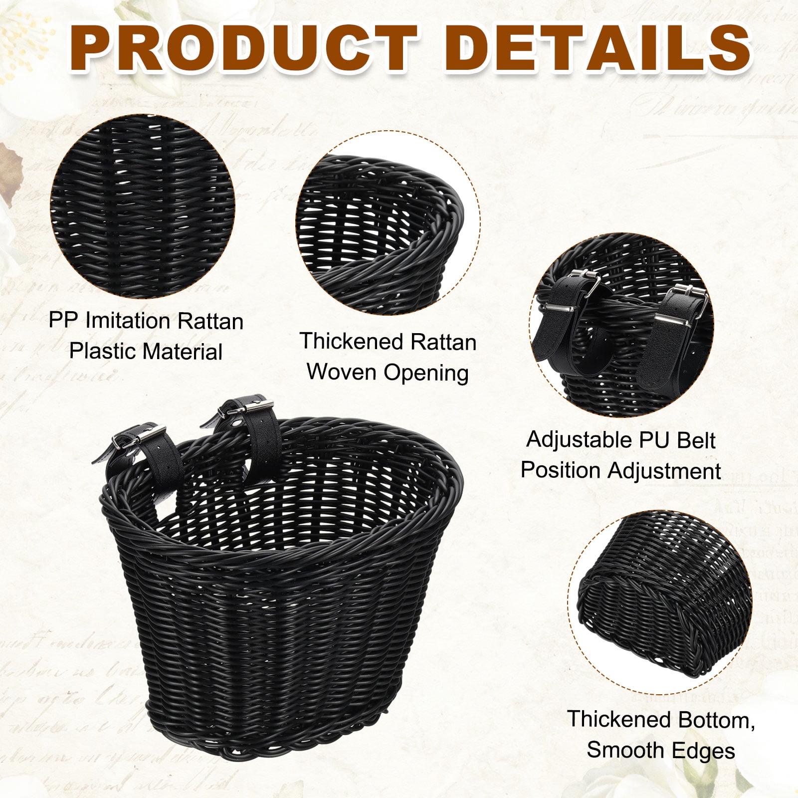 Uxcell Bike Basket Front, Hand-Woven Bicycle Basket with Adjustable PU Belts 1 Pack & Black-Fitting For(Most Road Bikes, Bicycles/Scooters)
