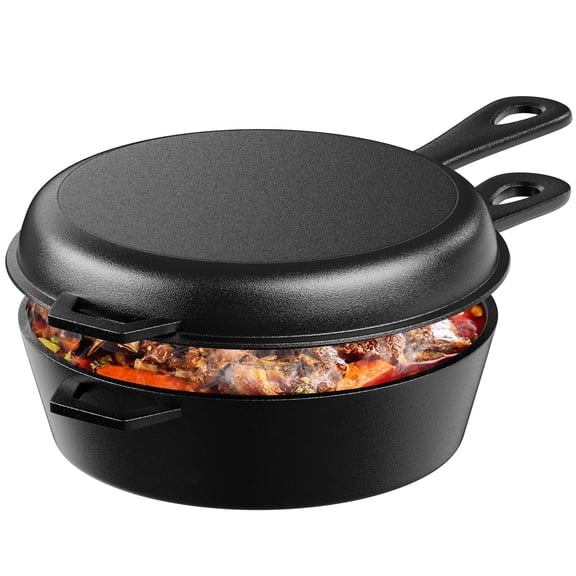 TLGREEN 2-in-1 Cast Iron Dutch Oven Pot, with Skillet & Lid - 2.9 Qt Deep Pot 1.27 Qt Frying Pan, Versatile for Oven, Stove, Grill, Campfire
