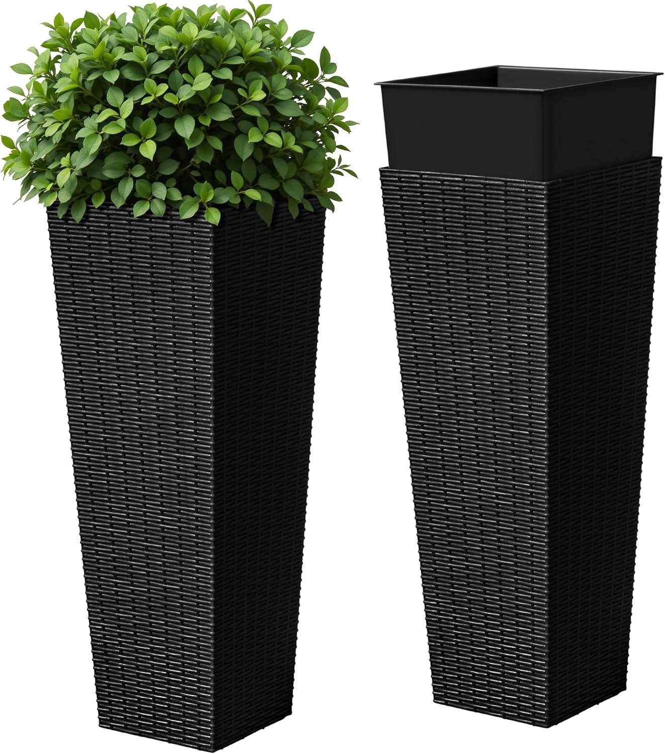 ZYPPP Resin Tall Planters for Outdoor Plants Set of 2, Large Taper Outdoor Planter Pots with 4 Drainage Holes, Flower Pots Modern Decor for Porch, Patio, Backyard, Home Garden (Black, 24")