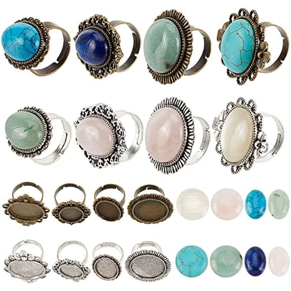 16Pcs DIY 8 Sets Ring Bezel Blanks Natural Stone Cabochons Antique Style Adjustable Finger Ring Blank Components Gemstone Rings Making Kit Oval Round Flat Cabochon for Jewelry Making Kits