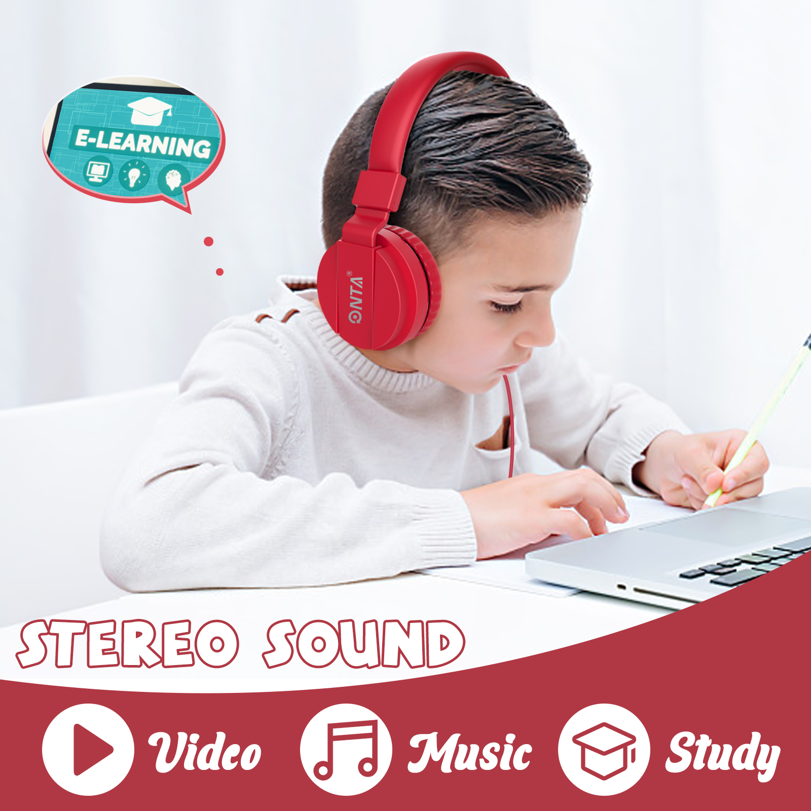 ONTA Kids Headphones, Foldable Over-Ear, Red photo 4