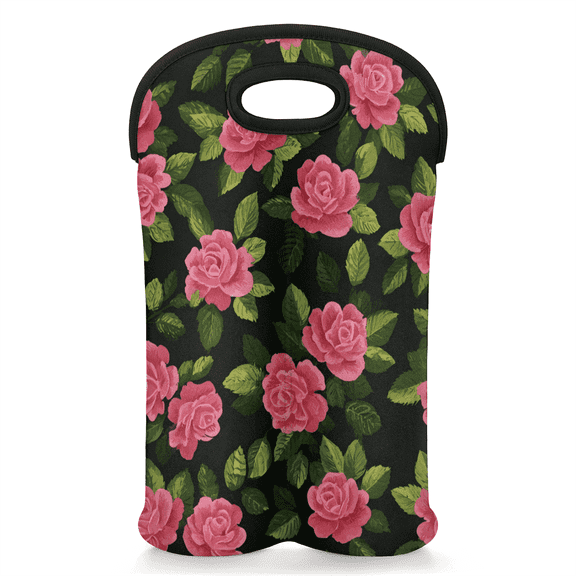 Neoprene Wine Bottle Bag with Handle, 2-Bottles Insulated Wine Carrier Bag for Travel & Gifting,Rose Floral Pattern