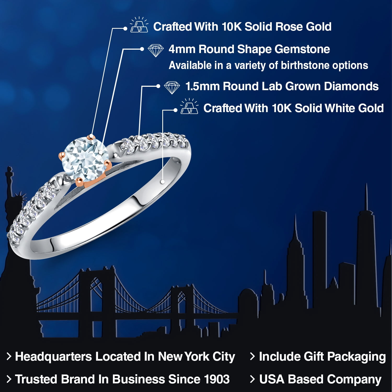 Gem Stone King 10K Two Tone Gold Sky Blue Aquamarine and Lab Grown Diamond Engagement Ring for Women | 0.43 Cttw | Round 4MM | Gemstone March Birthstone | Size 9