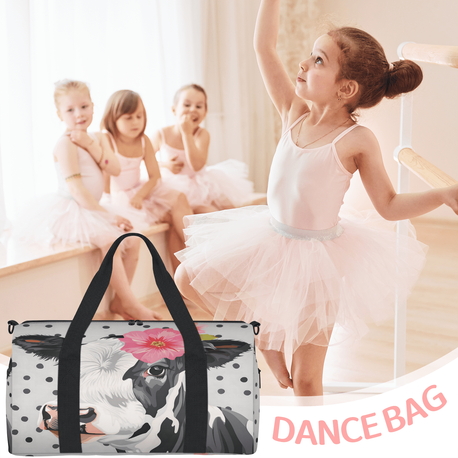 Herdesigns Cute Floral Cow Gym Bag for Women, Duffle Bag for Travel Sport, Lightweight Waterproof Carry on Weekender Overnight Dance Yoga Workout Bags