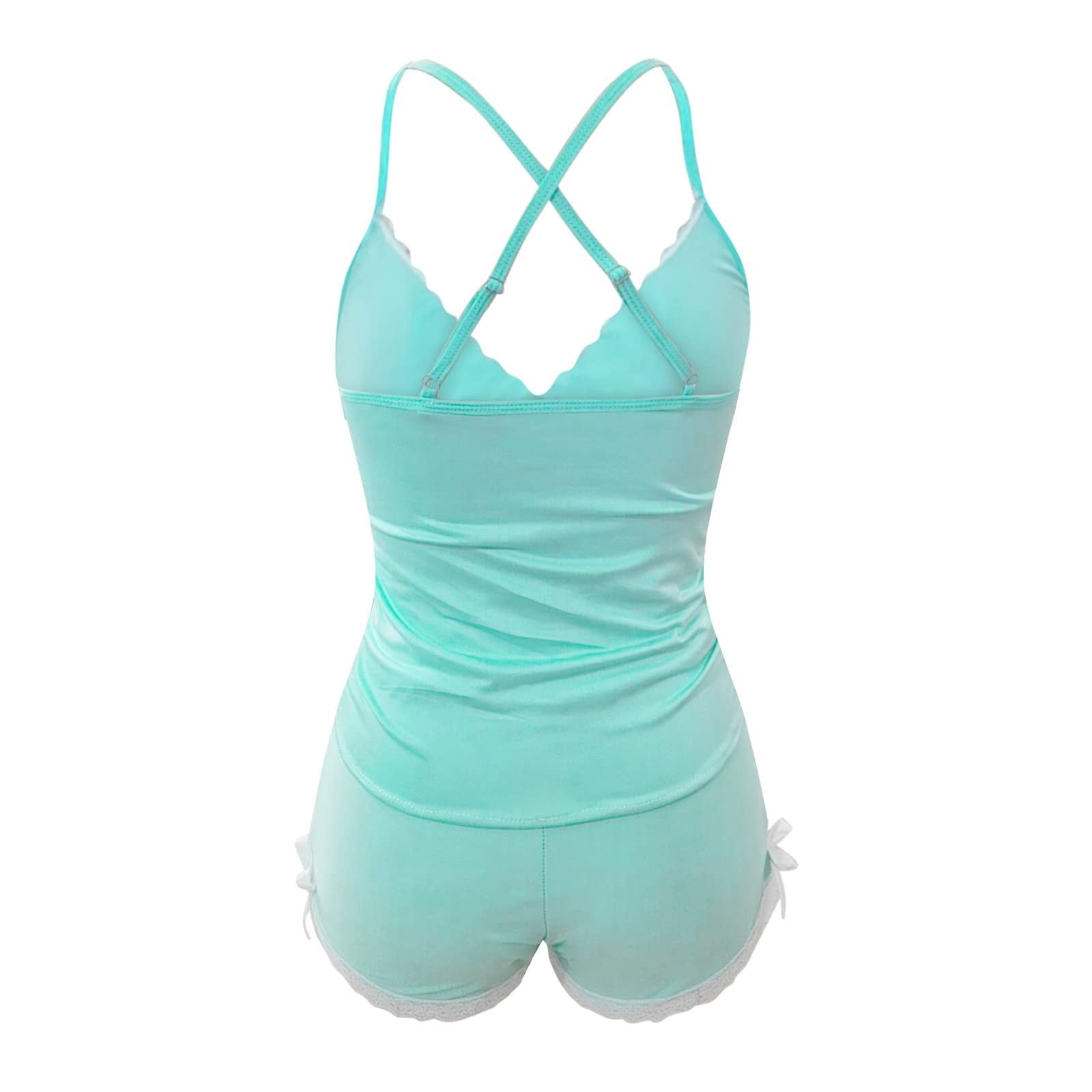 Qwertyu Womens Casual Pajama Sets 2 Piece Lace Trim Graphic Cami Shorts Set Pj Set Sleepwear Cyan 2XL