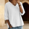 thumbnail image 2 of Womens Tops 3/4 Sleeve Cotton and Linen V Neck Embroidered Casual Loose Top Fashion Shirt, 2 of 6