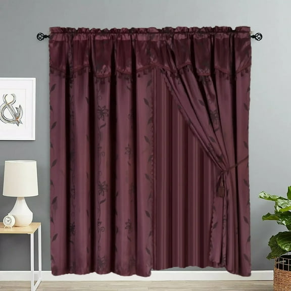 Nada Burgundy Complete Set Window Curtain Floral Faux Silk Panels Attached Valance and Backing Sheer Rod Pocket 120" W X 84" L