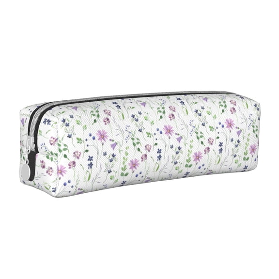 Pofeuu Watercolor Wildflower Print Leather Pencil Case, Leather Pencil Pouch Large Capacity, Big Pencil Pouch with Zipper Vintage Pen Bag Fountain Pen Holder