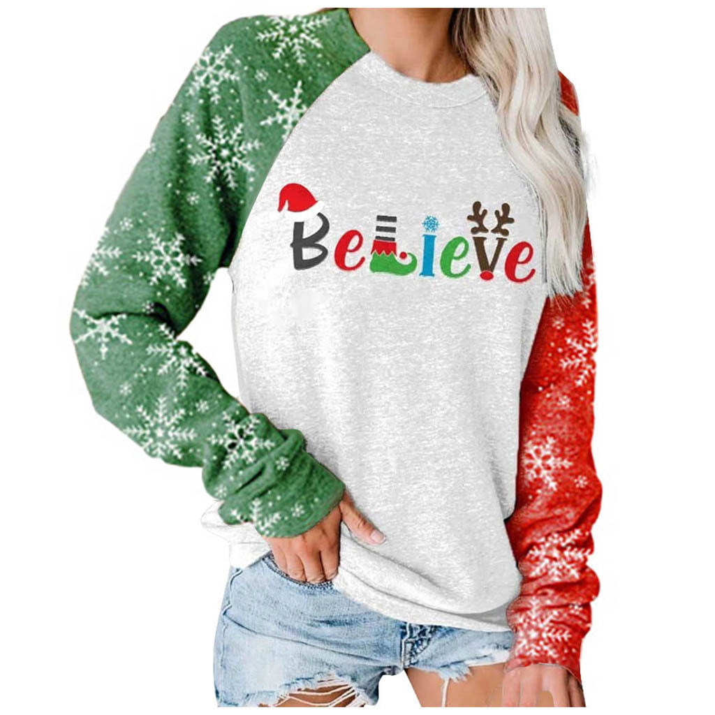 BHSJ Women Fashion Soild Printed Round Neck T-Shirt Casual Long Sleeved Tops Fall and Winter Pullover Sweatshirts Tee