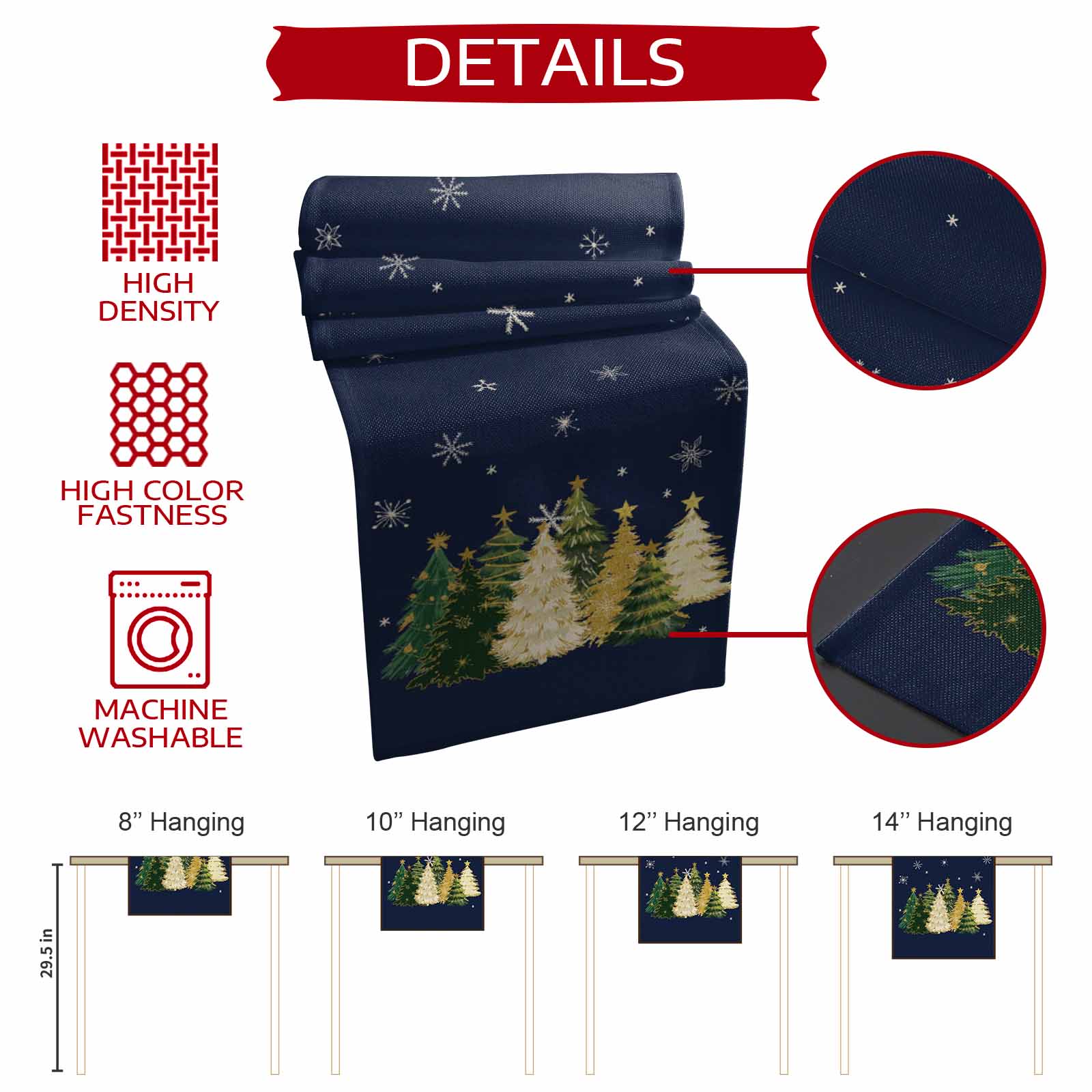 Navy Blue Christmas Dresser Scarf Farmhouse, Dining Table Decorations for Wedding/Parties, Xmas Tree Snowflake Table Runner 72 Inches Long for Kitchen Dining, 14 x 72 In