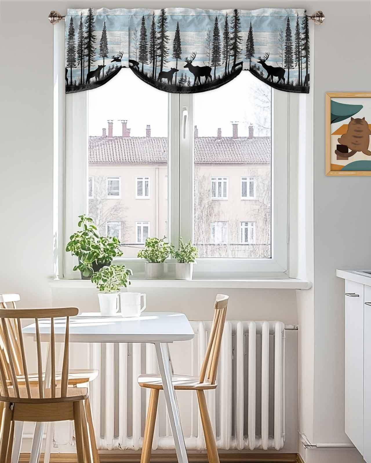 Black Bear Elk Tie Up Valances Curtain, Blue White Wood Grain Forest Animal Nature Kitchen Valances for Windows Decor, Rod Pocket Short Curtains Set for Bedroom/Bathroom, 60"x18"