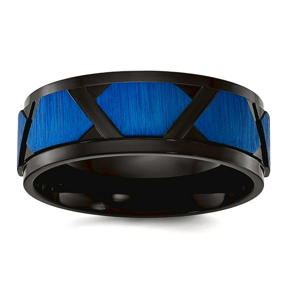 Stainless Steel Brushed and Polished Black And Blue Ip Plated 8mm Band Size 10.5 Ring for Women and Men