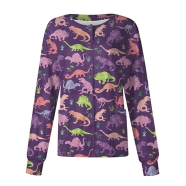 JULMCOMO Scrub Jackets for Women Crew Neck Long Sleeve Button up Nurses Uniforms dinosaur Printed Working Plus Size Nurse Jacket Dark Purple XL