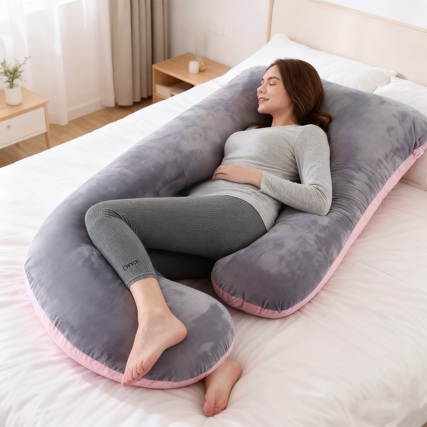 Supportive J Shape Alcohol-Free Polyester Maternity Pillow for Multi-Position Sleeper, Pink