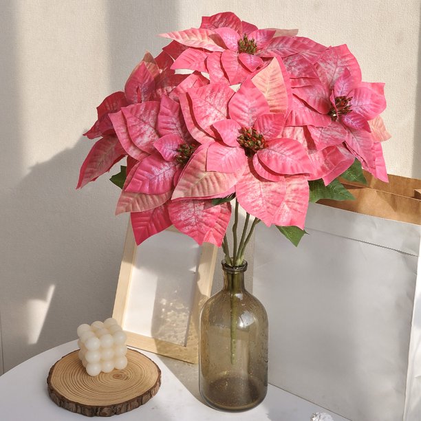 5 Flores de Nochebuena Simuladas para Decoración Navideña En Jarrón | Paquete de 2 Flores Navideñas de 5 Cabezas | Seda/Plástico/Hierro/Terciopelo | 53Cm/20.8In de Alto
