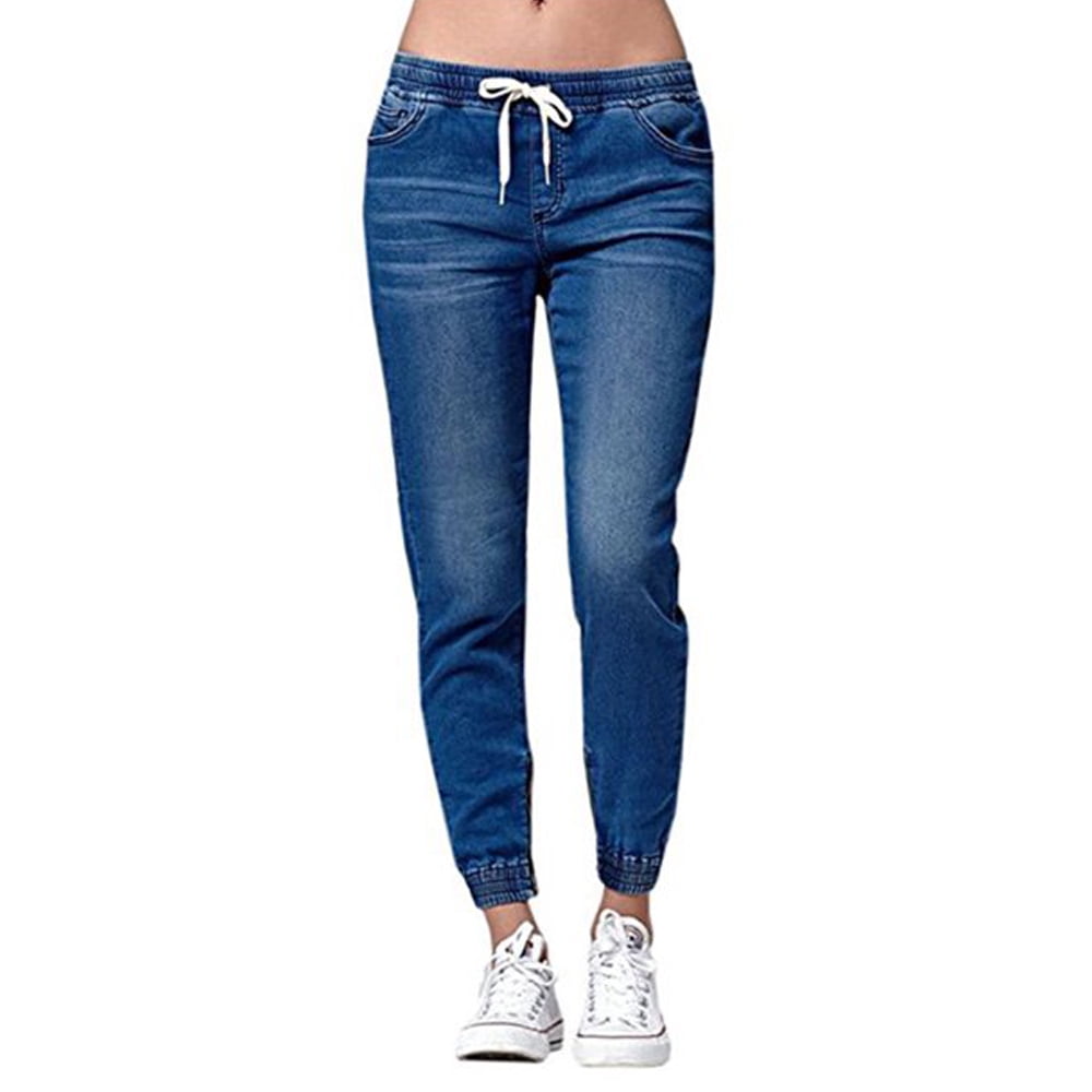 Women's Casual Denim Jogger Pants Ladies Drawstring Pencil Stretch