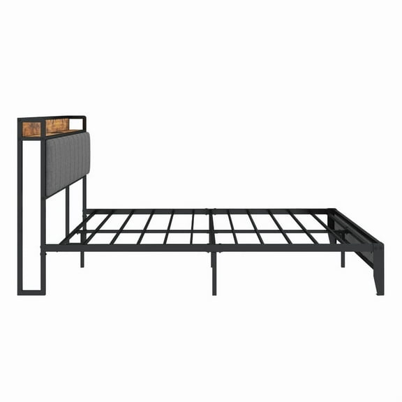 Queen Size Bed Frame with Charging Station - Upholstered Headboard, Heavy Duty Metal Platform, Light Gray (American Design)