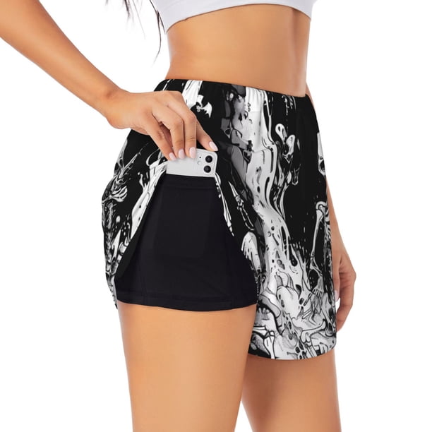 Balery Skeleton Wave Artwork Pantalones cortos deportivos para mujer con forro y dos bolsillos, elásticos, para entrenamiento, gimnasio, yoga-Small