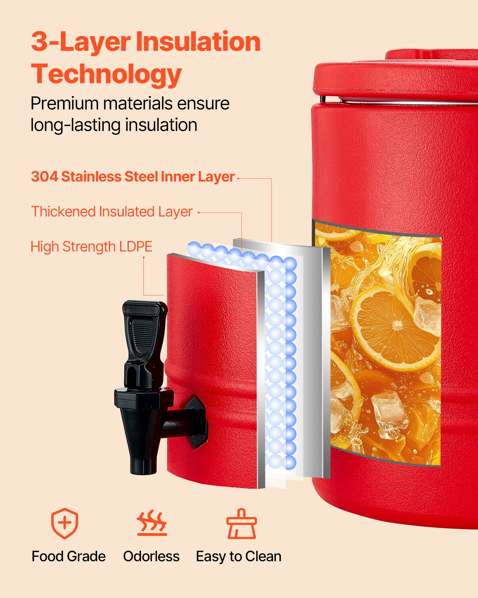 VEVOR Insulated Beverage Dispenser, 8 Gal/30.3L Thermal Hot and Cold Drink Server Dispenser with Spigot, Food-Grade Cooler Jug with 304 Stainless Steel Interior, for Tea Coffee Restaurant Outdoor