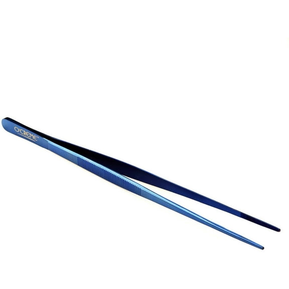 O'Creme Stainless Steel Precision Kitchen Tweezer Tongs with Serrated Tips for Gripping 8", Blue