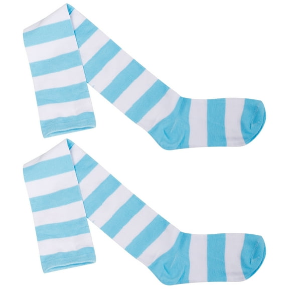 Pair of Women's Blue and White Wide Striped Thigh High Over the Knee Stocking Socks (Blue & White)