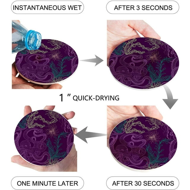 RYLABLUE Line Octopus Water Grass Sea Bottom Coral Color Art Illustration Set of 4 Round Coaster for Drinks, Absorbent Ceramic Stone Coasters Cup Mat with Cork Base for Coffee Table Bar Decor