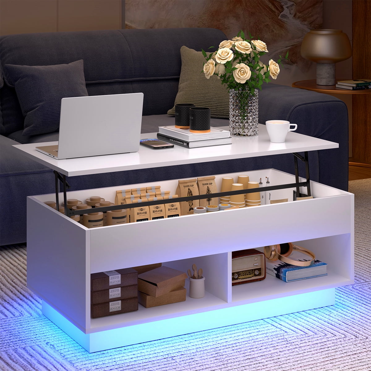 Hommpa LED Lift Top Coffee Table with Hidden Compartment High Gloss White Coffee Tables Center Rising Cocktail Table for Living Room Accent Furniture