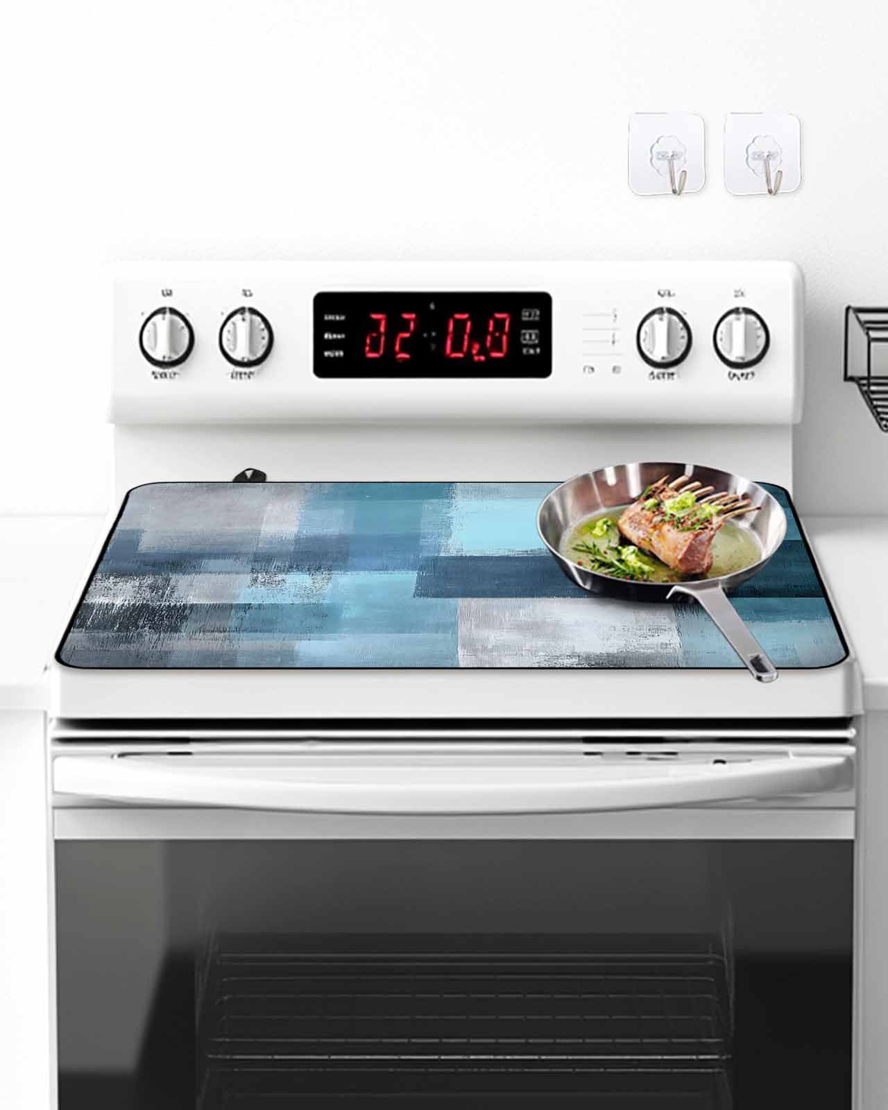 Stove Top Covers for Electric Stove, Teal Blue Glass Stovetop Cover Protector, Modern Oil Painting Abstract Ombre Geometric Induction Cooktop Protector Oven Mat for Kitchen Countertop 24"x21"
