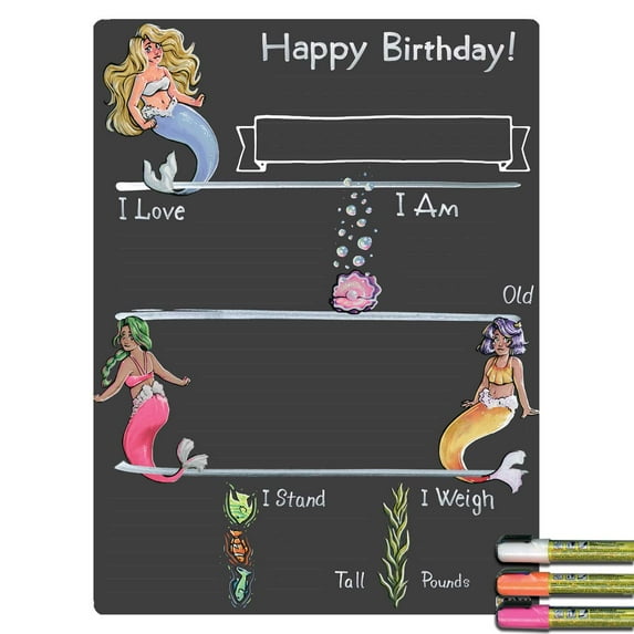 Cohas Mermaid Theme Birthday Milestone Chalkboard, 15 by 20 inches, 3 Bright Markers