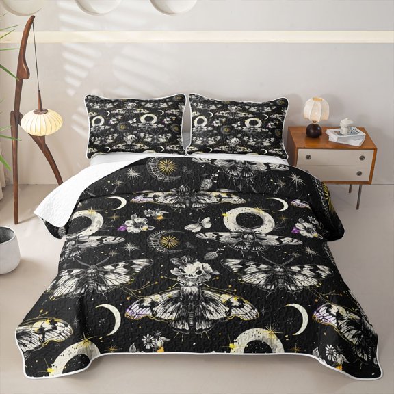 Homewish Gothic Moths Skull Twin Quilt Set,Moon Floral Twin Coverlet Set,Cream Black,Halloween Duvet,2-Piece