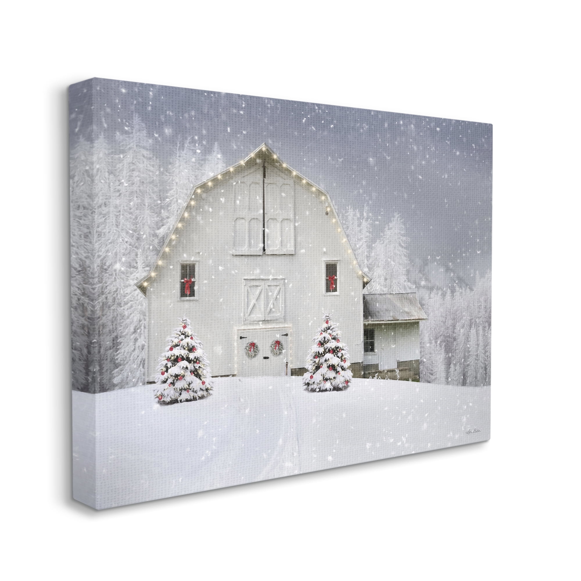 White Winter Snowfield Barn Cozy Christmas Scenery Landscape Painting Gallery-Wrapped Canvas Print Wall Art